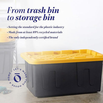HOMZ 4-Pack Durabilt Tote, Heavy Duty Plastic Storage Bins with Lids, 27 Gallon, Black/Yellow - Stackable Organizing Containers for Home, Garage, and Office