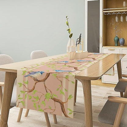 Watercolor Birds Table Runner,Spring Blue Bird Green Tree Table Runner for Kitchen Dining Table Holiday Farmhouse Home Party Decor 13x90in
