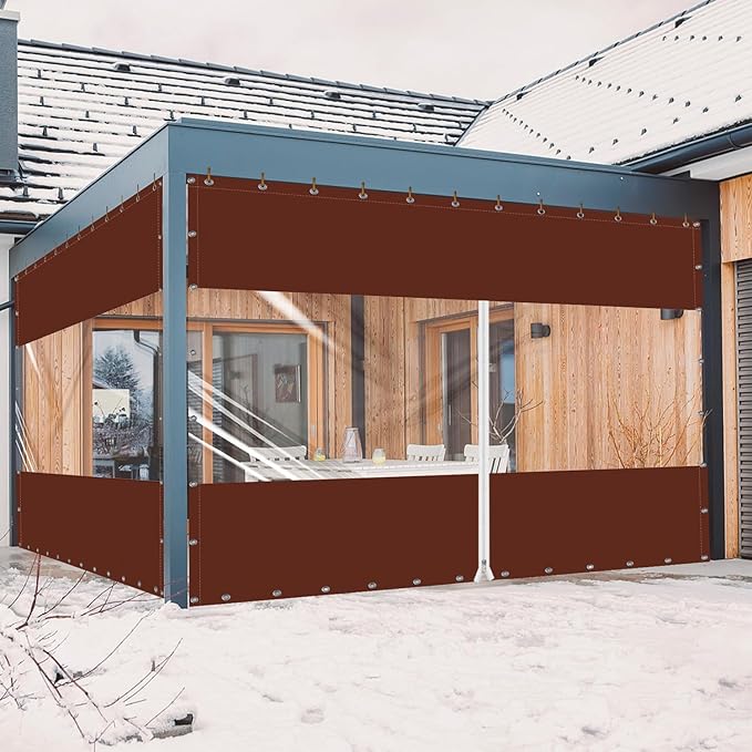 20 Oz Outdoor Vinyl Curtain with Double Sided Zip, Outdoor Clear Panel Curtain, Weather Resistant Outdoor Curtain for Pergola, Porch, Gazebos, with Rustproof Grommets (10'H x 10'W, Brown)
