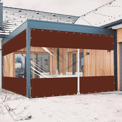 20 Oz Outdoor Vinyl Curtain with Double Sided Zip, Outdoor Clear Panel Curtain, Weather Resistant Outdoor Curtain for Pergola, Porch, Gazebos, with Rustproof Grommets (10'H x 10'W, Brown)