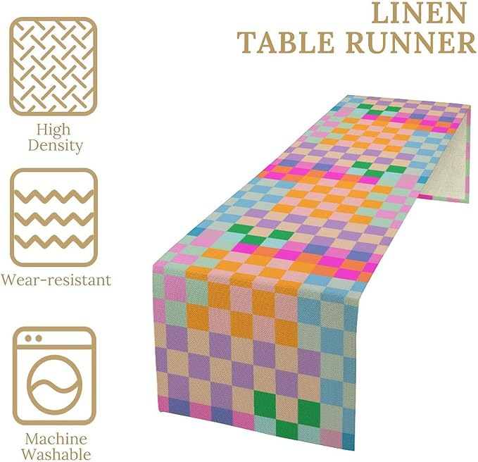 Retro Checkered Table Runner, Bright Rainbow Colorful Modern Groovy Aesthetic Table Runner for Dining Kitchen Party Home Wedding Banquet 13x90in