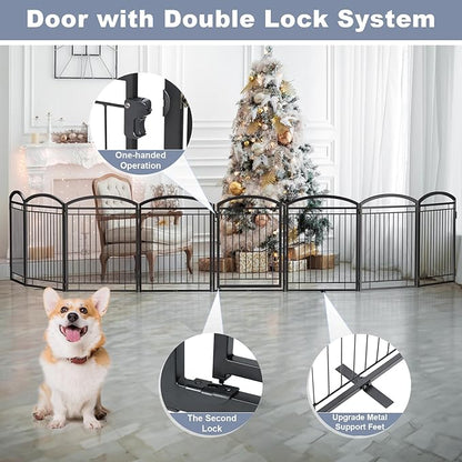 Full Metal Free Standing Dog Gate with Door for Indoor Outdoor,192'' Extra Wide 32'' Tall Dog Gates for Doorways,Large Openings,Decks,Freestanding Portable Pet Fence(8 Panels,Black)