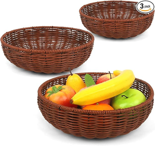 Imitation Wicker Bread Basket, 3 Pack Woven Rattan Basket Round Woven Baskets Woven Breads Baskets For Serving Vegetables, Kitchen, Restaurant, Outdoor, 3 Sizes (Brown)