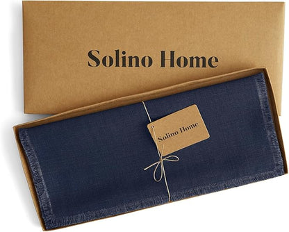 Solino Home Linen Navy Blue Table Runner 36 Inches - Fringe, 100% Pure Linen Small Table Runner 14 x 36 Inch Ideal for Dresser and Coffee Tables - Winter