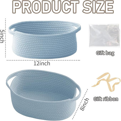 Woven Basket,Small Rope Storage Bin with Handles & Ribbon Bag, Organizer for Shelves Closets,Gift Basket Empty for Birthday,Books,Dog Toys, Blue/3 Pack