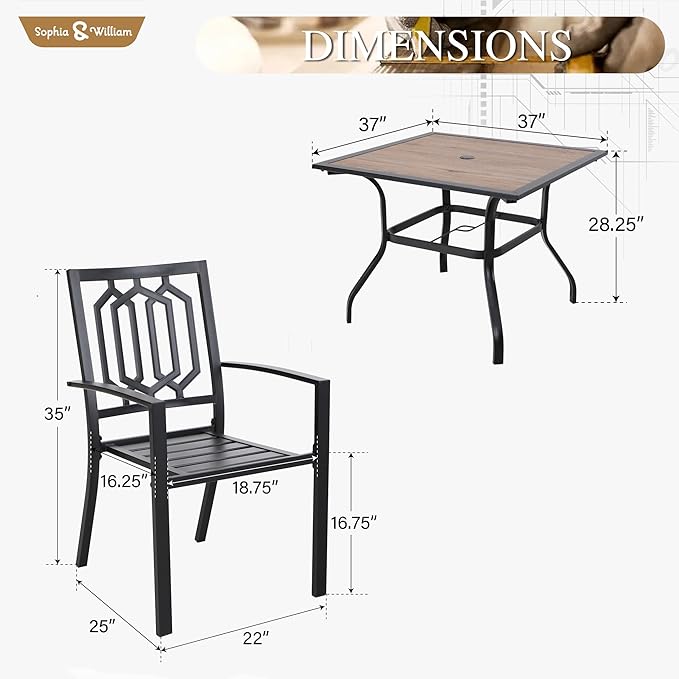 Sophia & William 5 Piece Outdoor Patio Dining Set Metal Table and Chairs Set with 37" Wood-Like Table Top and 1.57" Umbrella Hole
