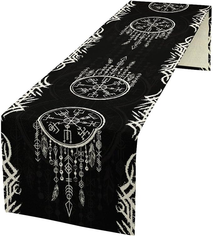 Viking Table Runner, Nordic Ancient Mythical Runes Print Table Runner for Home Dining Kitchen Coffee Table Party 13x36in
