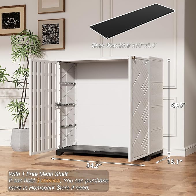 HOMSPARK Indoor/Outdoor Storage Cabinet with Doors and 1 Shelf, 34”x15”x34” HDPE Plastic Storage Box for Patio, Garden, Enterway, Balcony, Multi-Purpose for Daily Tools, White