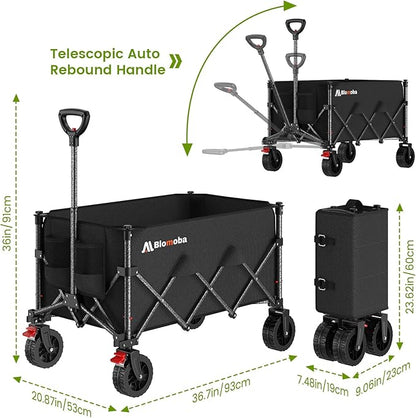Folding Wagon Cart with Wheels, 180L 330LBS Heavy Duty Utility Wagon, Beach Wagon with All-Terrain Wheels, Portable Grocery Wagons for Camping, Shopping, Garden, Sports, Black