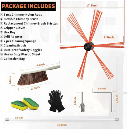 Sealegend 26 Feet Chimney Sweep Kit Chimney Brush, Rotary Chimney Cleaning Kit System with 8 Nylon Flexible Rods, Fireplace Brush Tool for Square, Rectangle, Arch Chimneys