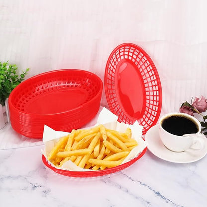 90 Pcs 9 x 5.7 Inch Reusable Oval Fast Food Baskets, Sturdy Plastic Serving Baskets for Fast Food, Parties, Picnics, BBQs and Snacks, by KUKLIPJIM.(Red)