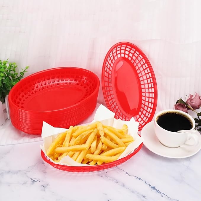 80 Pcs 9 x 5.7 Inch Reusable Oval Fast Food Baskets, Sturdy Plastic Serving Baskets for Fast Food, Parties, Picnics, BBQs and Snacks, by KUKLIPJIM.(Red)