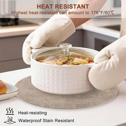 Round Faux Leather Placemats and Coasters, Set of 4, Reversible Heat Resistant Non-Slip Table Mats, Waterproof Wipeable Place Mats for Dining Table, Washable for Indoor & Outdoor (4, Light Brown)