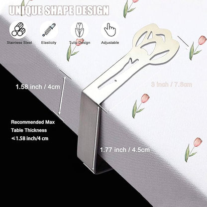 CUNGLIN Tablecloth Clips for Outdoor Tables, Tulip Shape Picnic Table Cloth Holder Clip Large Thick Stainless Steel Decorative Cover Clamp Pin for Indoor Party Wedding RV Accessories 10 Pack