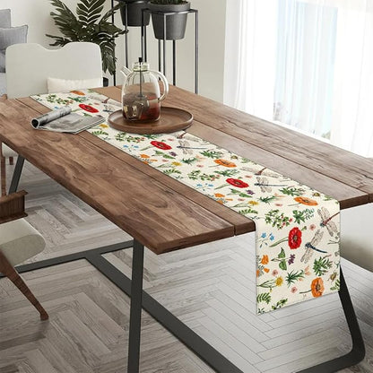 Flowers Dragonflies Table Runner Kitchen Dining Table Runner 13*60in Table Center Decor for Indoor Outdoor Home Holiday Party