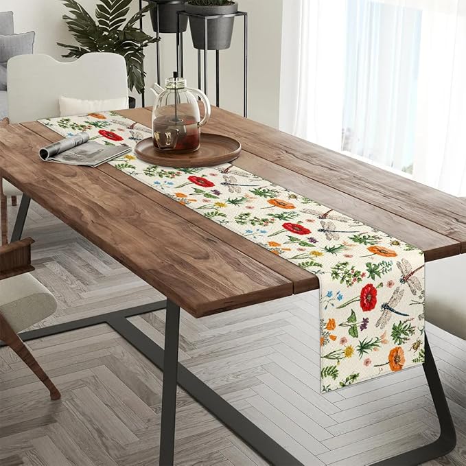 Flowers Dragonflies Table Runner Kitchen Dining Table Runner 13*72in Table Center Decor for Indoor Outdoor Home Holiday Party