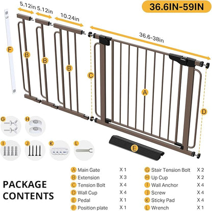 Cumbor 29.7-59" Extra Wide Baby Gate for Stairs, Pressure Mounted Dog Gate for Doorways, Auto-Close Easy Walk Through Safety Child Gate for Kids Toddler, Tall Pet Gates Indoor, Brown