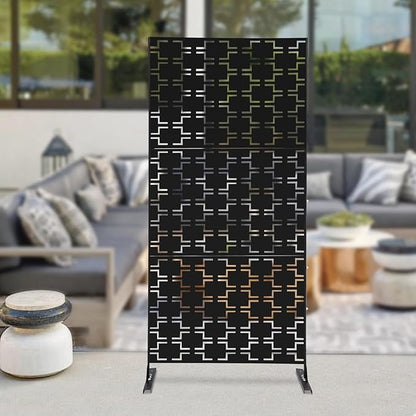 Outdoor Metal Privacy Screen with Stand, 35.4" W x 75" H Freestanding Metal Slatted Decorative Privacy Screen and Panels for Patio Garden Balcony Porch (Black Rectangular)