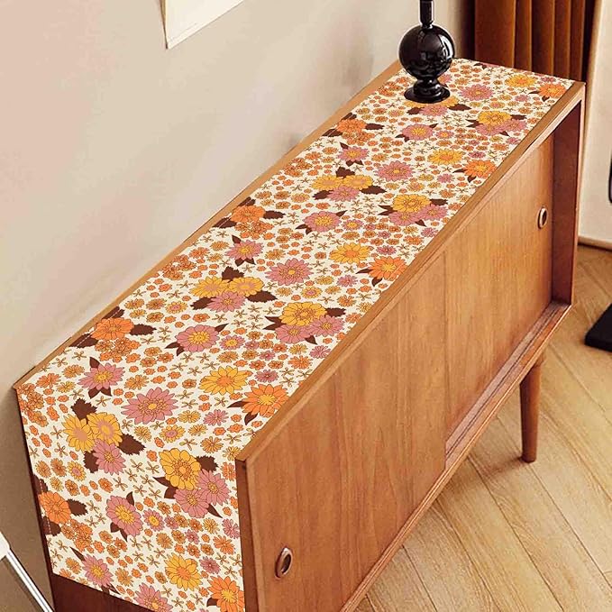 Groovy Floral Table Runner, Retro 70s Hippie Floral Funky Orange Floral Trippy Coffee Table Center Decor for Home Kitchen Dining Patio Holiday Party Indoor Outdoor Table Decorations, 13"x36" Inch