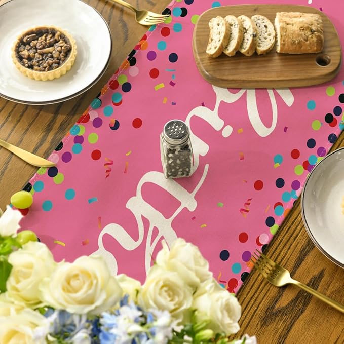 Artoid Mode Polka Dot Pink Happy Birthday Table Runner, Seasonal Kitchen Dining Table Decoration for Home Party Decor 13x36 Inch