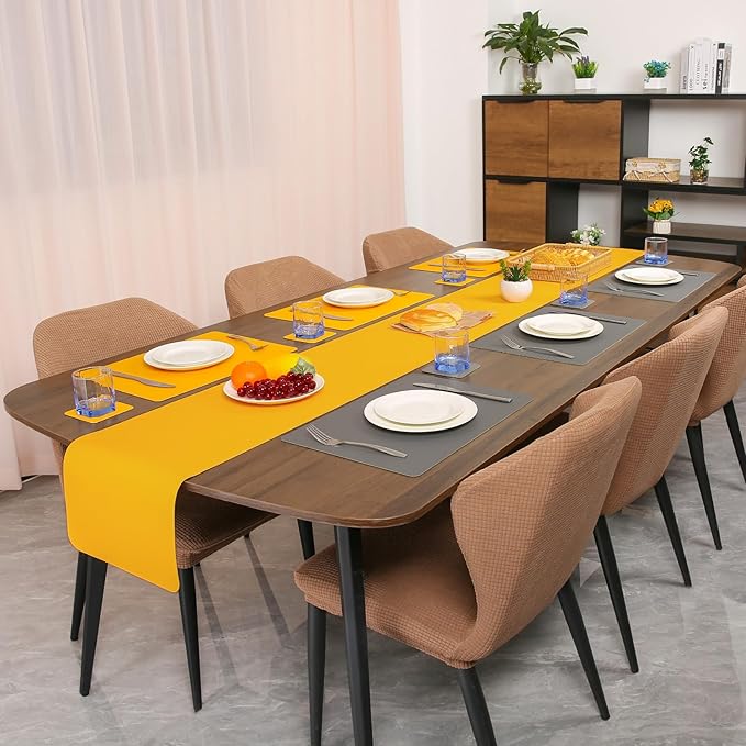 Myir JUN Table Runner Double Sided Vinyl Runner Table 94 Inch Long Runner for Table Washable Waterproof Non-Slip for Home Decorations Gray Yellow,12 x 94 inch