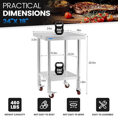 Stainless Steel Table for Prep & Work with 4 Caster Wheels with Undershelf 18 x 24 NSF Metal Commercial Kitchen Prep Table with Adjustable Under Shelf Worktable for Restaurant Home Outdoor