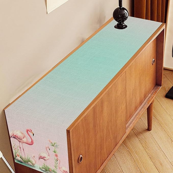Flamingo Table Runner,Teal Pink Flamingo Family with Flowers Grass Watercolor Style Table Center Decor for Family Kitchen and Living Room Outdoor Farmhouse Party Table Decorations, 13"x36"
