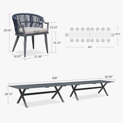 PURPLE LEAF 20 Pieces Outdoor Dining Set All Weather Wicker Patio Dining Set with Rectangular Aluminum Table and Modern Armrest Dining Chairs for Garden Deck Backyard Kitchen, Grey