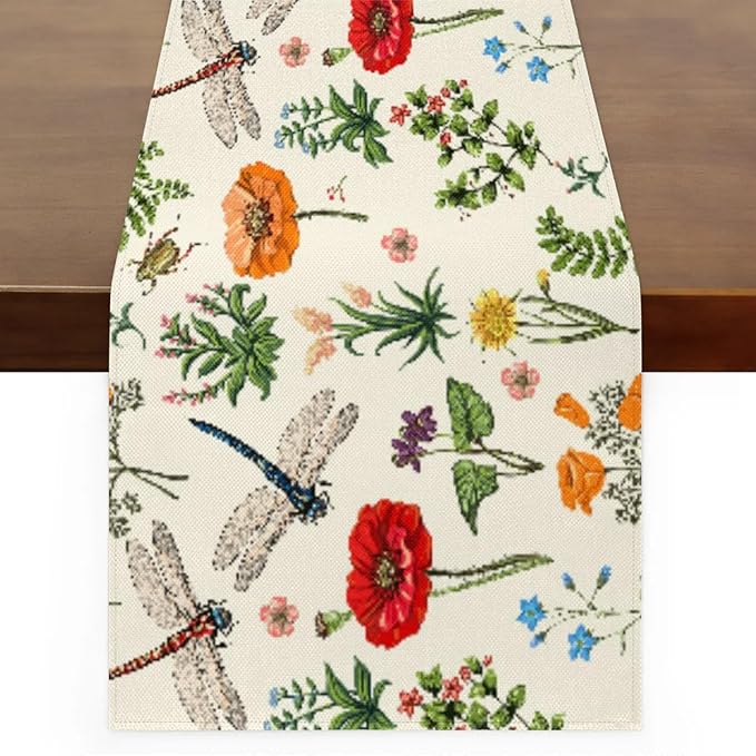 Flowers Dragonflies Table Runner Kitchen Dining Table Runner 13*120in Table Center Decor for Indoor Outdoor Home Holiday Party