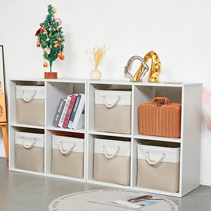 12 x 12 Inch Cube Storage Bins, 6 Pack Large Collapsible Fabric Storage Bin with Ropes, Foldable Storage Cubes for Home, Office,Closet, Clothes, Toys Organizer (White & Beige)