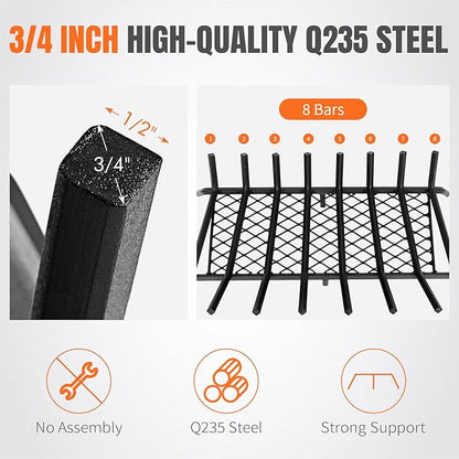INNO STAGE Fireplace Grates with Ember Retainer - 30 Inch Fireplace Log Grate, Firewood Wood Log Holder Rack, Inside Wrought Cast Iron Fire Grate for Hearth Indoor Outdoor Camping