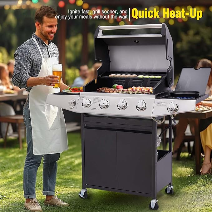 Unovivy 4-Burner Propane Gas Grill with Side Burner, Portable BBQ Grills with Oil Tray and Built-in Thermometer for Outdoor Barbecue, Camping, Patio, Backyard, 49,000 BTU