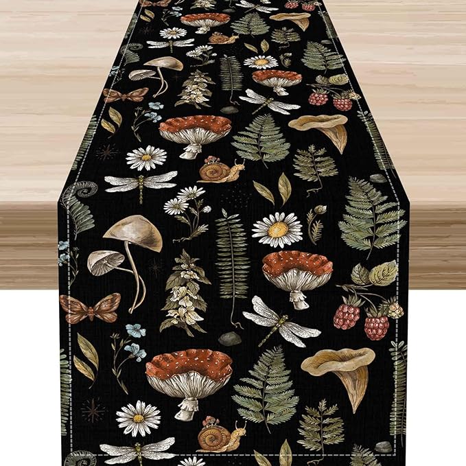 Mushroom Table Runner, Rustic Farmhouse Forest Plants Botanical Country Black Coffee Table Center Decor for Home Kitchen Dining Patio Holiday Party Indoor Outdoor Table Decorations, 13"x108" Inch