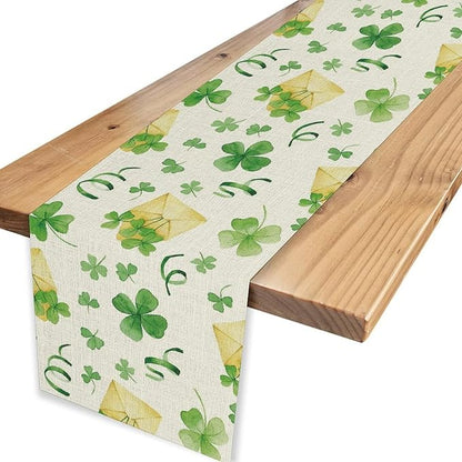 Clover Table Runner,Retro Rustic Green Shamrock Yellow Envelope Spring Seasonal Holiday St.Patrick's Day Table Center Decor for Home Kitchen Dining Holiday Party Indoor Decorations, 13"x108"