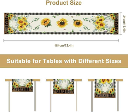Sunflower Table Runner, Buffalo Floral Seasons Spring Summer Fall Table Runner for Kitchen Dining Farmhouse Home Party Outdoor 13x70in