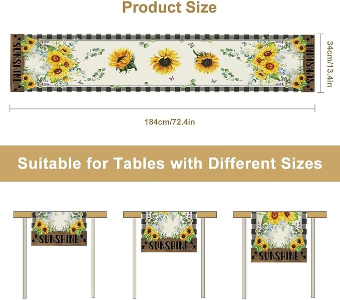 Sunflower Table Runner, Buffalo Floral Seasons Spring Summer Fall Table Runner for Kitchen Dining Farmhouse Home Party Outdoor 13x120in