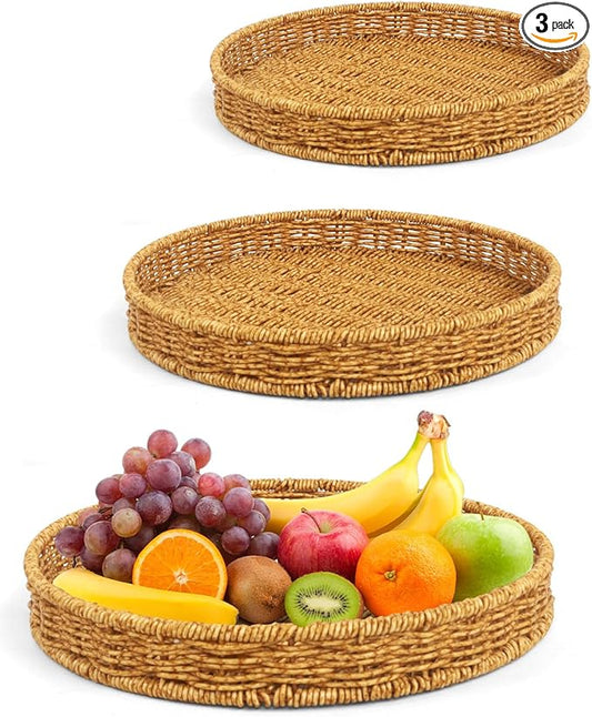 Woven Bread Basket, 3 Pack Wicker Fruit Baskets Rattan Bread Basket Poly Wicker Bread Baskets With Handles For Food Serving, Display, Vegetables, Home Kitchen, Restaurant, Outdoor (Round set)