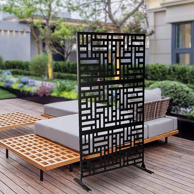 Outdoor Metal Privacy Screen with Stand, 35.4" W x 75" H Freestanding Metal Slatted Decorative Privacy Screen and Panels for Patio Garden Balcony Porch (Black A)