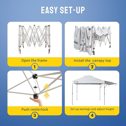 CROWN SHADES 10x10 Pop up Canopy Tent Patended Centerlock Instant Commercial Canopy with 150D Silver Coated Fabric Including 2 Extend Awnings, 4 Ropes, 8 Stakes, 4 Weight Bags (White, 10x14)