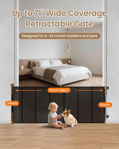Upgraded Retractable Baby Gate - 71" Wide 34" Tall Mesh Child Safety Gate with High-Density Reinforced Rods, Easy One-Hand Operation Retractable Dog Gate, Fits Baseboards, Black