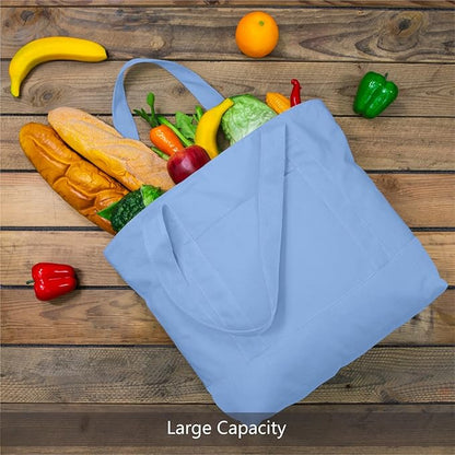 TOPDesign 3-Pack Canvas Tote Bags with an External Pocket, Reusable Grocery Shopping Bags, Top Zipper Closure, Daily Essentials (Light Blue)