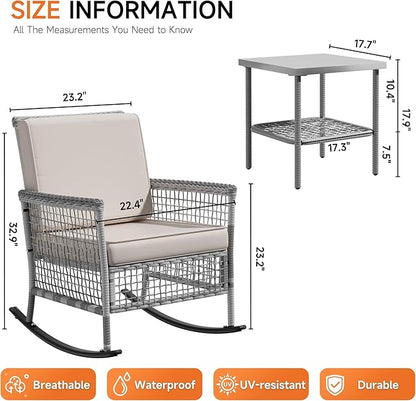 DECMICO 3 Piece Outdoor Rocking Chair Set, Wicker Bistro Furniture | Washable - Image 2