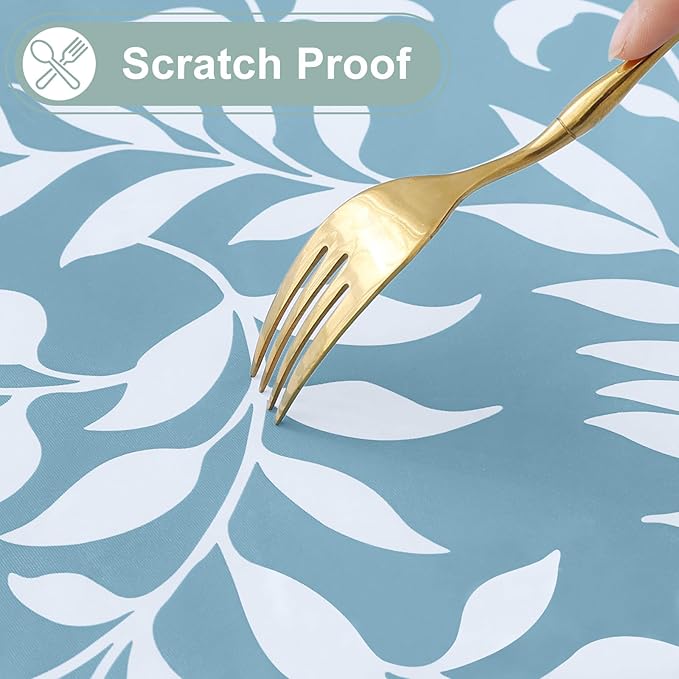 misaya Rectangle Waterproof Vinyl Table Cloth, Wipeable Tablecloth with Flannel Backing, Plastic Table Cover for Dinner, Picnic, Indoor and Outdoor (Blue Leaves, 60" x 120")