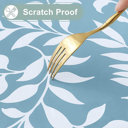 misaya Rectangle Waterproof Vinyl Table Cloth, Wipeable Tablecloth with Flannel Backing, Plastic Table Cover for Dinner, Picnic, Indoor and Outdoor (Blue Leaves, 52" x 70")
