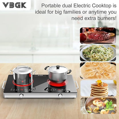 VBGK Electric Cooktop,110V 2400W Electric Stove Top with Knob Control,9 Power Levels, Kids Lock & Timer,LED touch control,Overheat Protection Electric stove,24 Inch desktop 2 burner