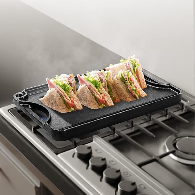 VEVOR Reversible Grill/Griddle, 14x8.5 inch Pre-Seasoned Cast Iron Griddle, Portable Rectangular Pan with Handle, Family Cookware for Indoor/Outdoor Stove Top Burner, Gas, Camping BBQ, Black