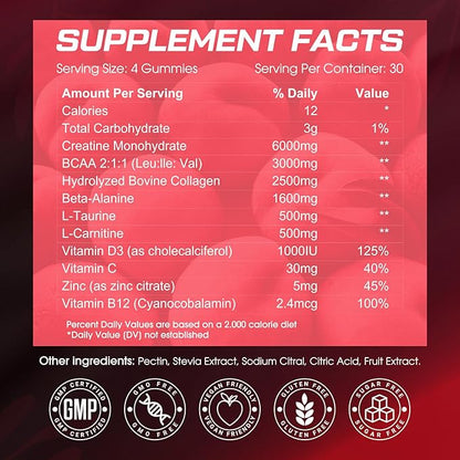 Creatine Gummies for Women, Sugar-Free Creatine Monohydrate with Collagen, BCAAs, Vitamin C & B12 for Muscles, Energy & Booty, Post Workout Supplements and Vegan Preworkout Gummies for Women