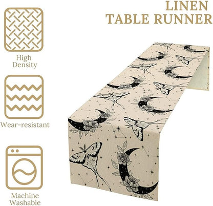 Boho Moth Table Runner,Retro Flower Moon Starlit Stars Butterfly Print Table Runner for Wedding Holiday Party Farmhouse Home Decor 13x70in