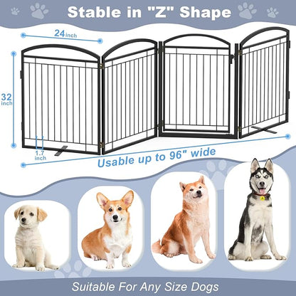 Full Metal Free Standing Dog Gate with Door for Indoor & Outdoor,96'' Extra Wide 32'' Tall Dog Gate for The Doorways,Large Openings,Decks,Porch,Pet Freestanding Safety Fence(4 Panels,Black)