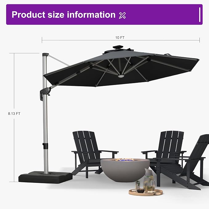 PURPLE LEAF Cantilever Patio Umbrella 10ft Round Solar LED Light, Stays bright - Image 8